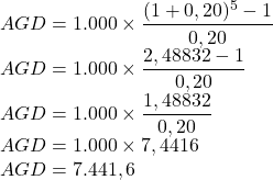 AGD=1.000\times \dfrac{(1+0,20)^5-1}{0,20}\\AGD=1.000\times \dfrac{2,48832-1}{0,20}\\AGD=1.000\times \dfrac{1,48832}{0,20}\\AGD=1.000\times 7,4416\\AGD=7.441,6